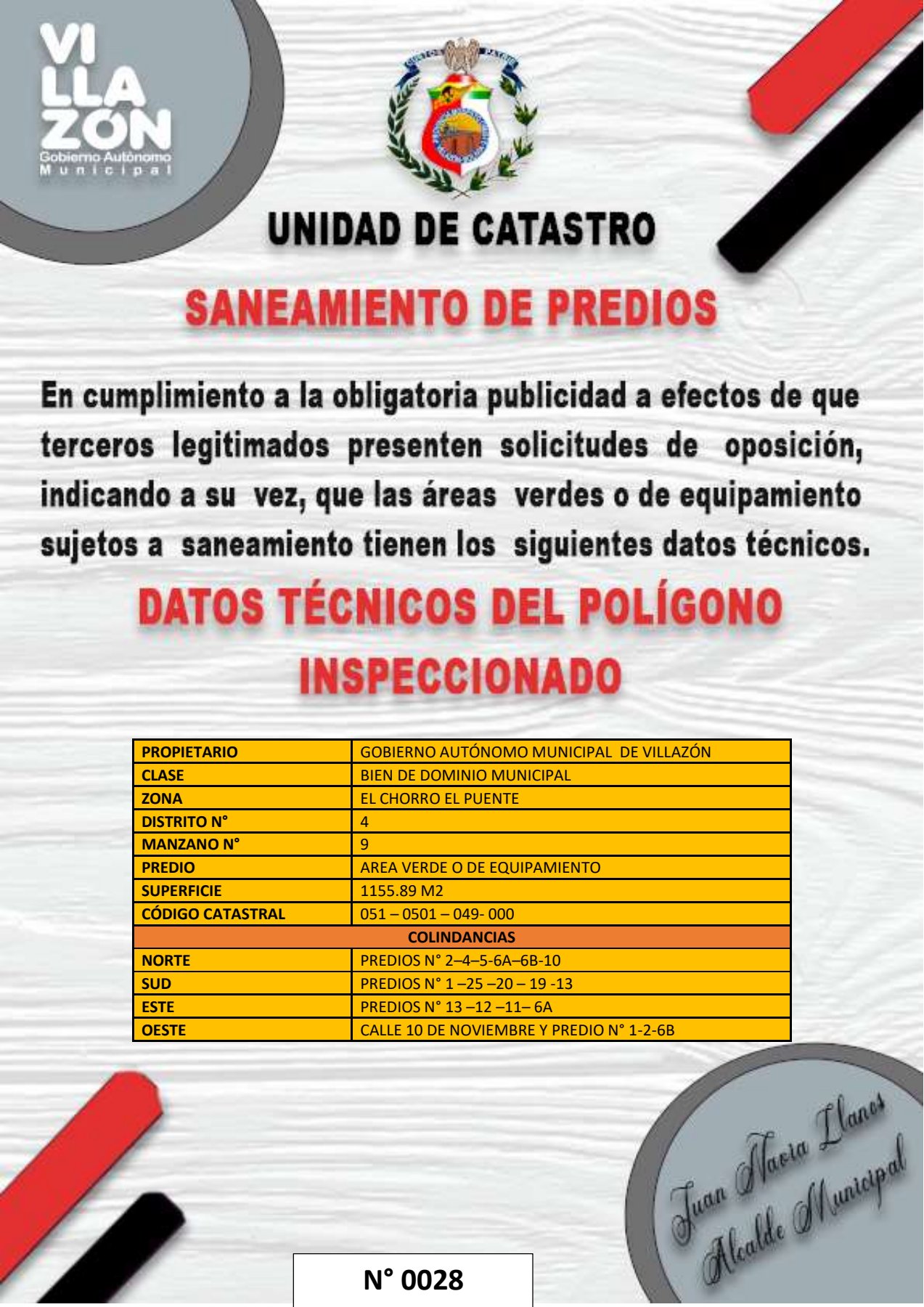 (28) SANEAMIENTO DE PREDIO, ZONA EL CHORRO ELPUENTE, MANZANO N°9