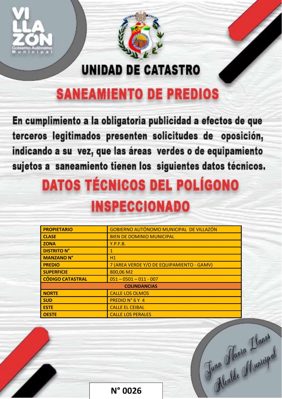 (26) 2SANEAMIENTO DE PREDIO, ZONA Y.P.F.B. SUPERFICIE 800,06 M2